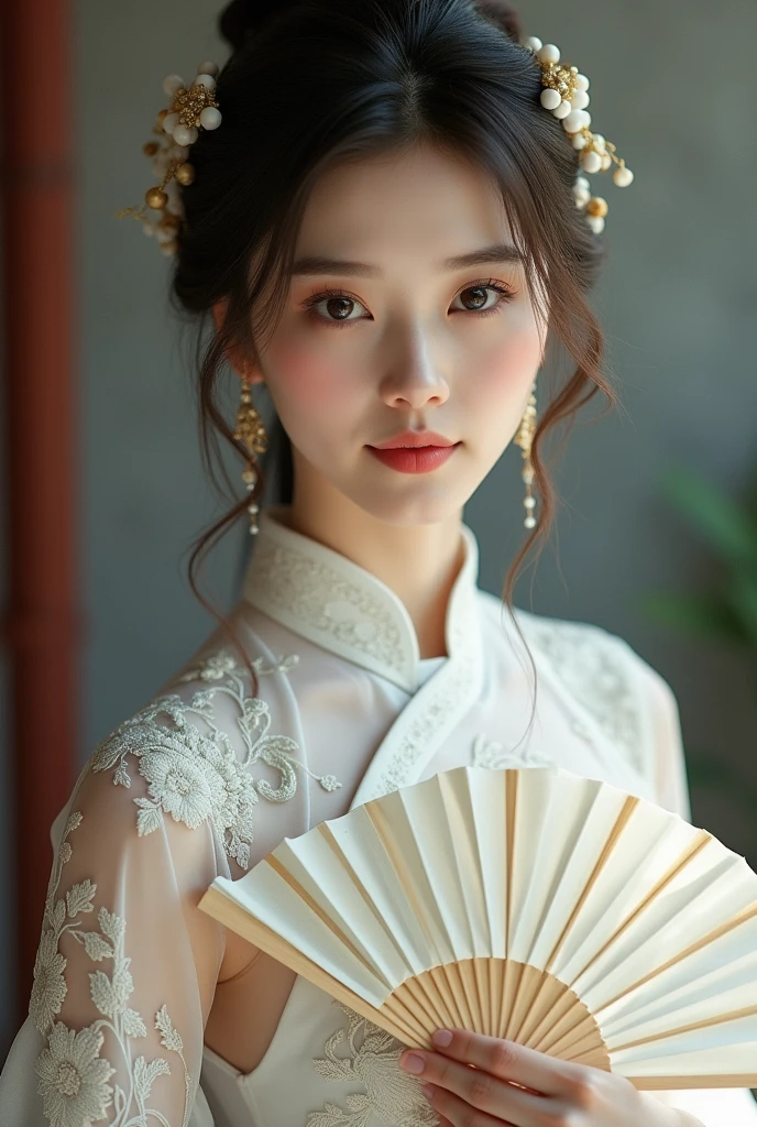 ((best qualtiy)), ((tmasterpiece)), (the detail:1.4), ((The whole body details are very detailed))Makeup:- (exquisitely ornate:Delicate base makeup,Soft eye shadow,Deep eyeliner,thick eyeslashes,Full-bodied lip color,Show the beauty and nobility of the bride)。
- Opalescence eyes:Fair and smooth skin,Bright and moving eyes,Exudes confidence and joy。
- Red lip makeup:Use a dark red lipstick with an oriental twist,Highlight the bride's delicate red lips,Full of feminine mystery and charm。
Hairstyles:
- Bun and garland:The fluffy bun is coiled and secured,The head is decorated with a delicate garland,Highlight the cute and fresh temperament of the bride。
- Cloud-sideded dragonfly:Long hair shawl,The sideburns on both sides are cleverly fixed,It's like a flying dragonfly,Show the softness and gentleness of the bride。
clothes:
-cheongsam:Cheongsam made of silk or satin,The upper body is fitted and slim,The hem skirt is loose,to highlight the curves and grace of the bride。
- Toast suit:Decorated with delicate embroidery and bead pieces,Available with long or sleeveless styles,Show the elegant and solemn temperament of the bride。
Accessories:
-jewelry:Beautiful necklace、Earrings and bracelets,Jewelry or jade are often used,Add the nobility and brilliance of the bride。
- Hair accessories:Skillfully paired with hair accessories,Such as Zhao、Hairpins、hairpins, etc,to highlight the hairstyle and styling of the bride。
-Handbags:Choose from embroidered handbags or bead bags,Bring the necessary items,Both practical and chic。