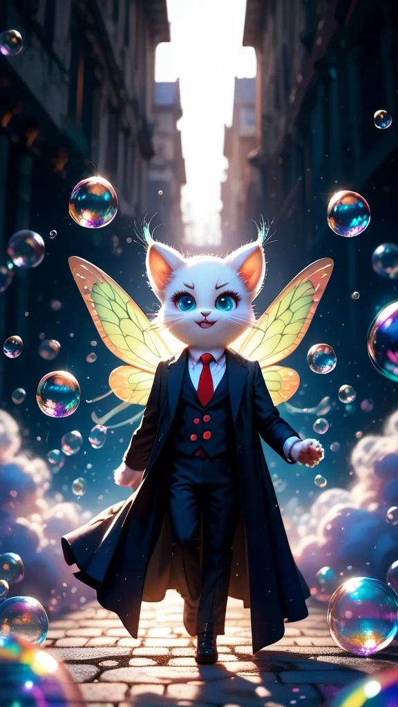 White fur cat with bright blue eyes, wearing a black suit with red buttons, white tie, Leaning against a small stone fence, Looking at the viewer With a flirtatious smile, Sweet floral scent spreads throughout the painting, Bubbles flying up peak, Fairies and wonderful images, sunny day, Soft clouds, Warm air, dream bubbles, Shadow game, bright colors, masterpiece, full details, Shine, Shadow game dark, Maximum quality, Score_9, Score_8_up, Score_7_up, dramatic lighting, high detail, high budget, bokeh , Cinema lens, glamor, epic, gorgeous, film grain, grainy , masterpiece, best quality, anatomically perfect, very aesthetic, formal art, 8k, Fantasy, fantasy