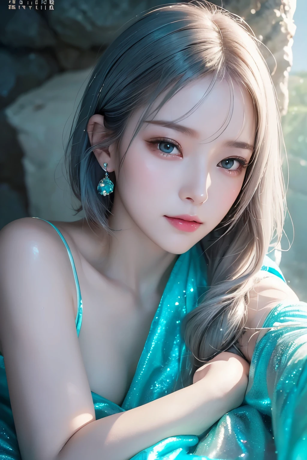 (((masterpiece)))、((((Best Quality))))、(((Super detailed)))、(Photorealistic)、((Young beautiful woman))、((Very delicate beautiful face and eyes))、A lonely smile、Focus on the face、(Close-up)、Slightly dark silver-gray short bob hair、A dark cavern with sharp, transparent, sparkling crystals protruding here and there, and shining water flowing out of it.、Wearing a pale turquoise shiny metallic fabric full body suit、Small breasts、Lying comfortably curled up like a fetus in the womb、Sharp Focus、Soft Focus、Pale Light、Tyndall effect、The beauty of turquoise illusion、Surreal and dramatic space、Silence、
