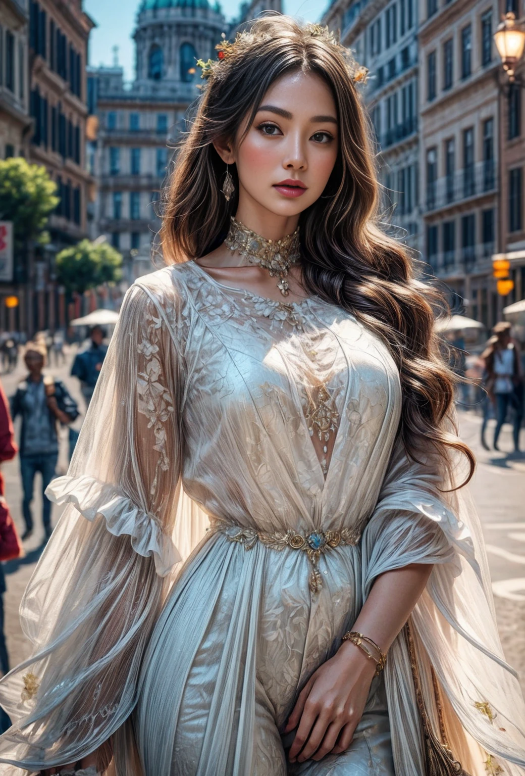 What would a Renaissance queen look like in a gorgeous dress?? (masterpiece:1.2), (illustration:1.1), (Best quality, 8k, HDR, wallpaper, Movie lighting, sharp focus).