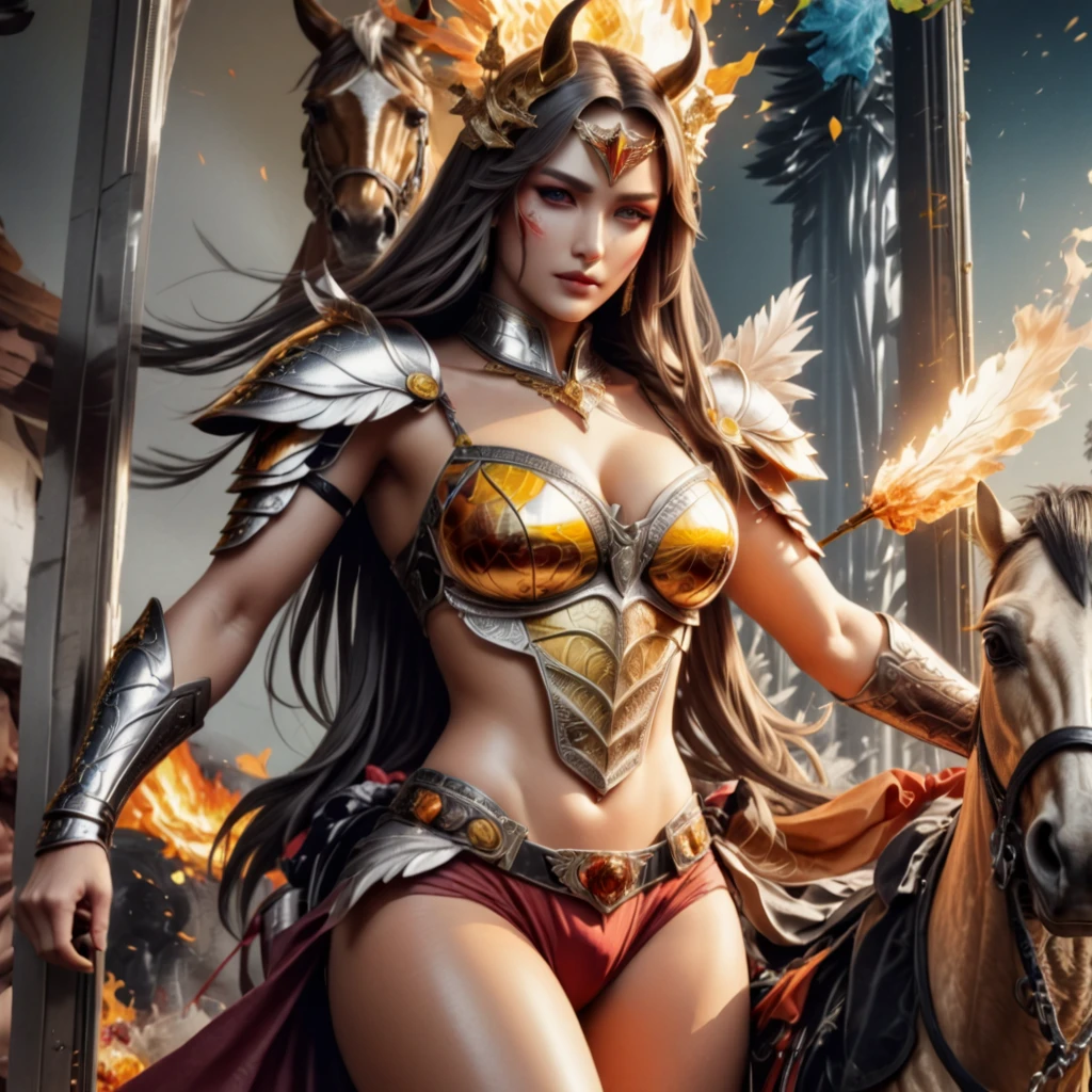 arafed woman in a bikini and armor standing in front of a crowd of soldiers, peter mohrbacher'', trending on artstaion, donato giancola and tom bagshaw, trending at art station, brass semi - mechanical woman, “ golden chalice, saint seiya, asgardian, fractalpunk, “ femme on a galactic shore --auto --s2