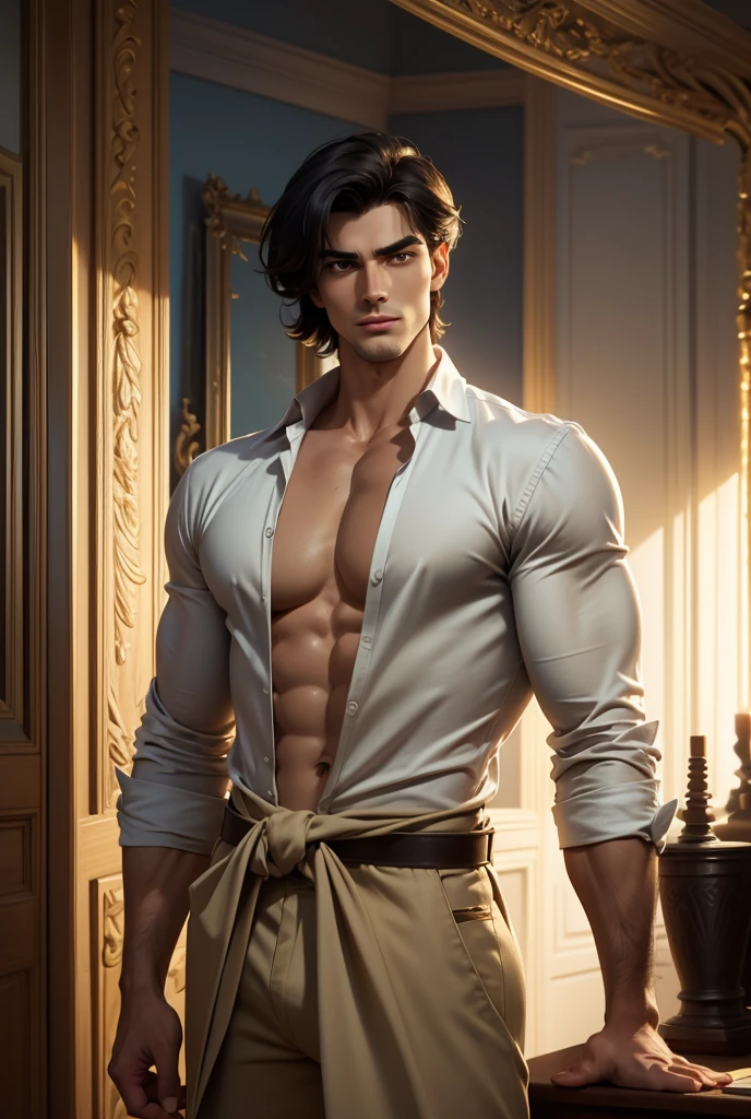 Upper body, photographic model, very beautiful, realistic, in a luxurious and exquisite location, light eyes, black hair, model body, shirtless, a muscular puco, for mockup, headed hair, wallpaper, masterpiece, best quality, high resolution, professional photo, very realistic
