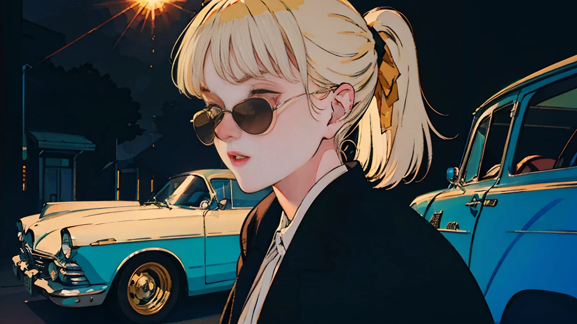 Russian beauty with ponytail gold hair, old car in background, perfect face, sunglasses, smoking white tailor-made cigarette, neo-noir, (after backlight correction: 1.1), hard shadow, masterpiece, top quality, , model shooting style, vintage, film grain, perfect detail,