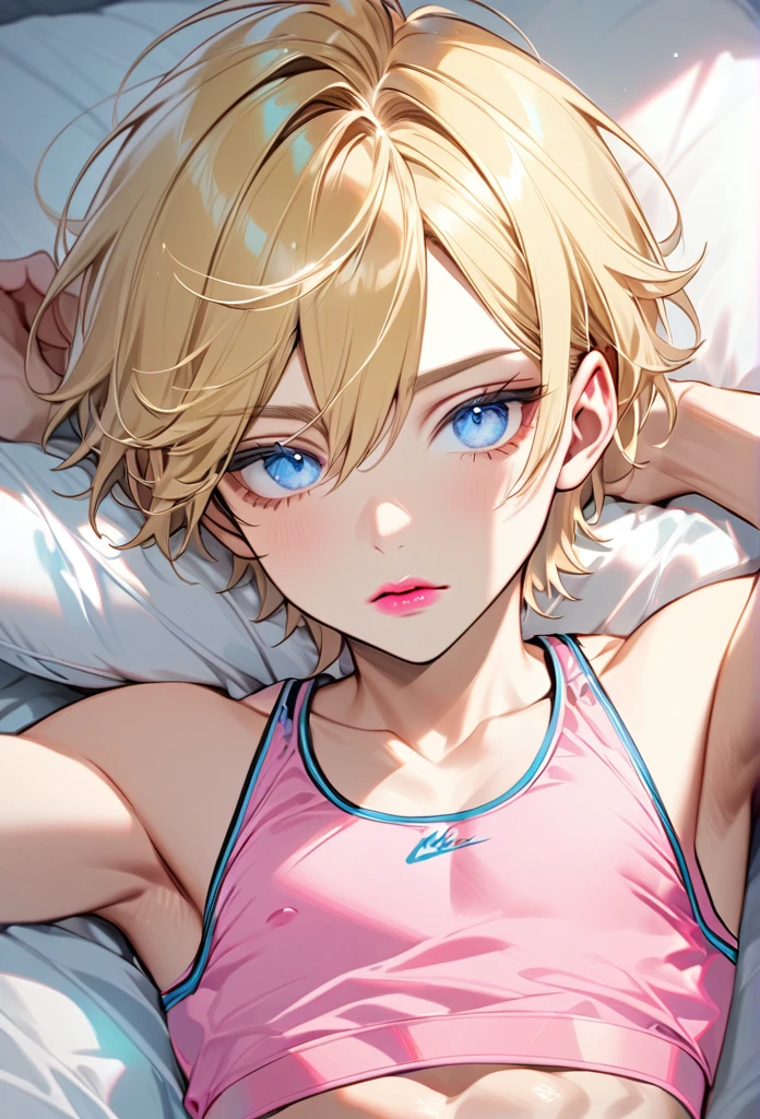 Male, with blond hair, with short hair, with light blue eyee, he is wearing boxers, with a pink crop top on, he is laying down on a bed, he is flat chested like a man, he has pretty pink lips, he has pericings, he is wearing pink eyeshadow.