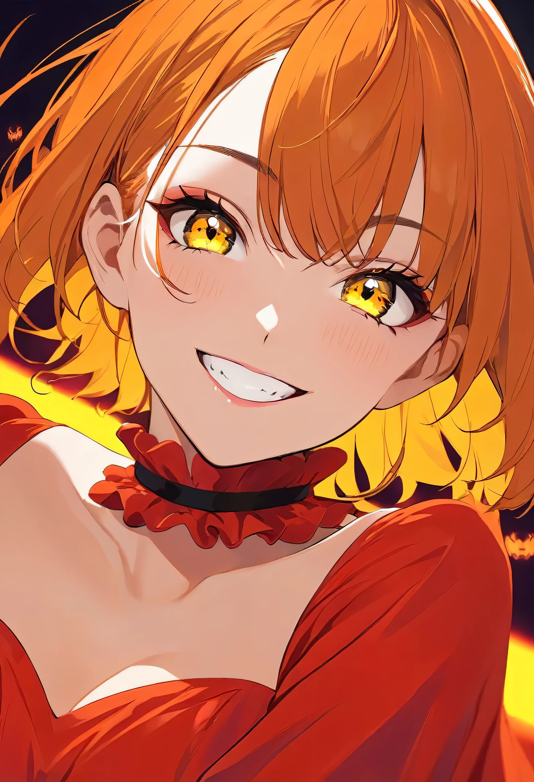 Cool adult woman、Short orange hair and yellow eyes、Bright Red Dress、Neon Background、Fearless Smile、(Face close-up)、Halloween