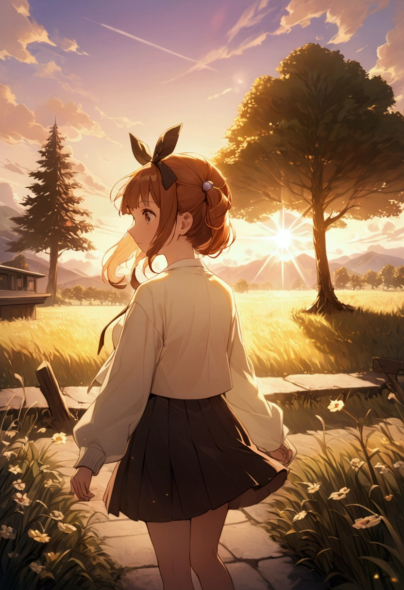 Sally Acorn, One girl, Alone, tree, null, Outdoor, skirt, cloud, brown, hair, sunset, lens, Flare, scenery, School, Uniform, sun, wind, length, sleeve, Animal Nose