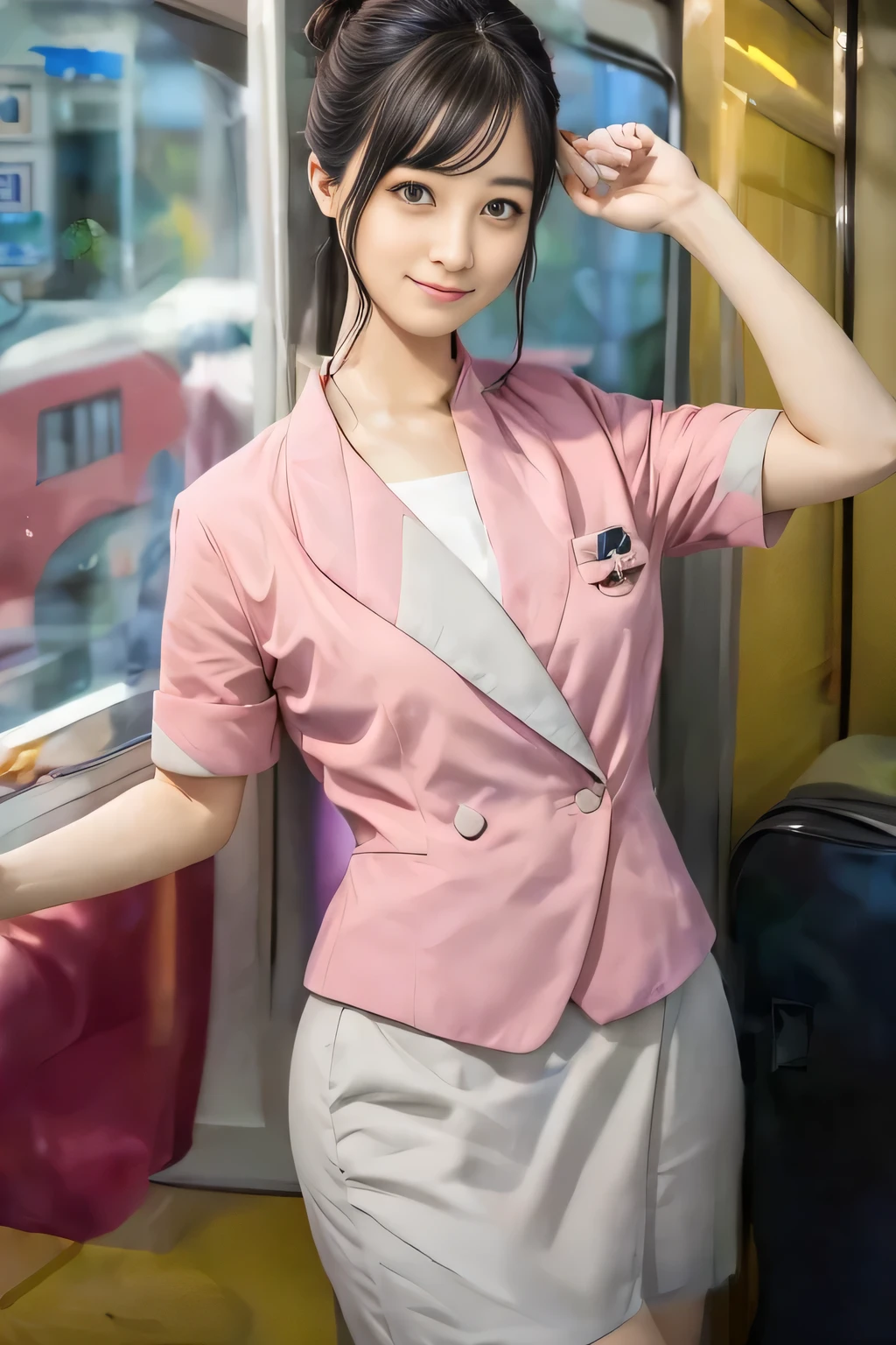 (masterpiece:1.2, highest quality:1.2), 32K HDR, High resolution, (alone、1 girl)、(On the rooftop of a building in the daytime、Professional Lighting)、Building rooftop background、(Nankai train crew uniform pinkを着たリアルスタイル)、(Nankai train crew uniform pink short sleeve collarless pink jacket、Nankai Train Crew Uniform Pink Collarless Short Sleeve Blouse、Nankai Train Crew Uniform Pink Grey Knee-length Culottes)、((The bottom of the pink short-sleeved jacket cannot be tucked into the clay-colored culottes.))、Dark brown hair、(Hair tied up、Hair Bun、Hair Bun)、Dark brown hair、Long Shot、Big Breasts、Thin legs、((Great hands:2.0)),((Harmonious body proportions:1.5)),((Normal limbs:2.0)),((Normal finger:2.0)),((Delicate eyes:2.0)),((Normal eyes:2.0)))、(Nankai Train Crew Uniform Pink Grey Knee-length Culottesを見せた美しい立ち姿)、smile