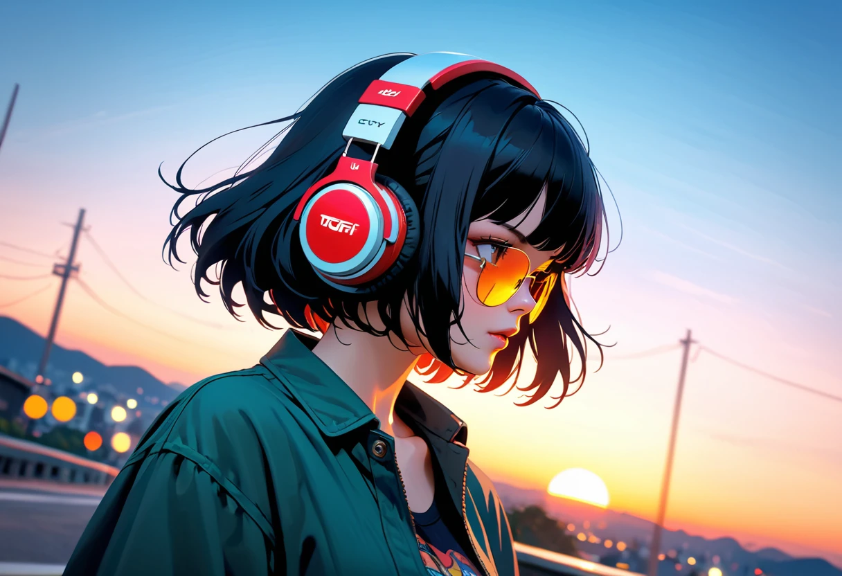 ((Best Quality)),(masterpiece)),(detailed),(Realistic),80s Anime、Wide angle shooting、Long-distance shot、Wide-angle shooting、Ghibli style、Lo-fi art style,Cinematic Lighting,Tokyo Sunset Girl、The girl is wearing headphones and has her eyes closed、Beautiful black hair with short hair