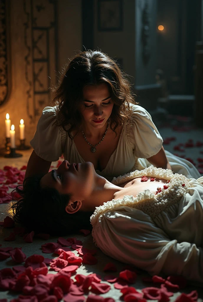 1143, Kingsbridge, England. otherworldly scene in a medieval poor house, ((((18-year-old)) Cameron Monaghan)), with (((Alexandra Daddario))), naked, passion, kissing, embracing each other, ((sobbing, crying bing tears)), ((very short and messy hair)), ((Wes Anderson cinematic style)), colorful