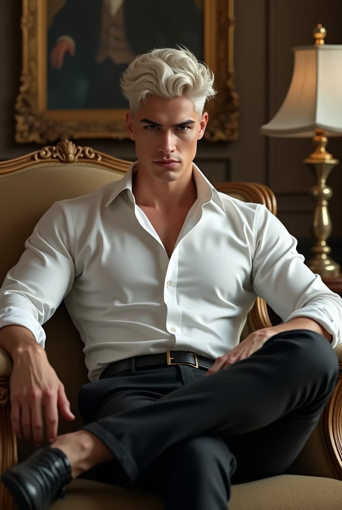 masterpiece, ultra photorealistic, best quality, high resolution, realistic, sharpness, detailed skin pores, real sunlight coming from the windows of luxurious house, 8k, a man, focus on man, bald and muscular man , pale skin, very tall, American face, muscular body like a god, small waist, dressed in a suit and colbata, men's jewelry on his wrist and is sitting in the living room of a luxurious house that has the open windows covered with curtains