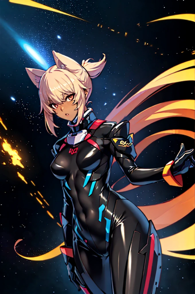 1girl, slender body, slim, extremely long ponytail, brown hair, brown eyes, light brown skin, ((ochre and black latex bodysuit)), (black armor), ((extremely glossy)), cyberwear, space background, starship interior
