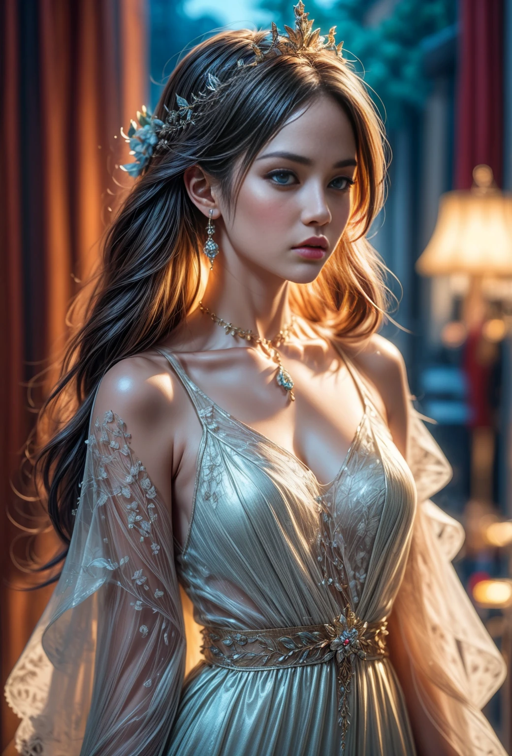 a beautiful queen in the renaissance era, wearing a magnificent ornate dress, (best quality,8k,HDR,wallpaper,cinematic lighting,sharp focus), (illustration:1.1), (masterpiece:1.2), extremely detailed dress, intricate embroidery, luxurious fabric, elegant pose, regal expression, ornate headpiece, cascading curls, porcelain skin, piercing eyes, full lips, soft lighting, warm color palette, dramatic chiaroscuro