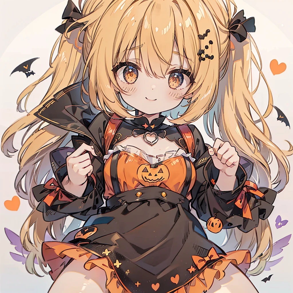 One girl、Perfect Anatomy、(((Super fine、Best Quality、masterpiece)))、Original cute hairstyle、Trick or Treat、Orange and original cute costume、Halloween、Orange and black palette、Happy smile、Heart-shaped picture frame、