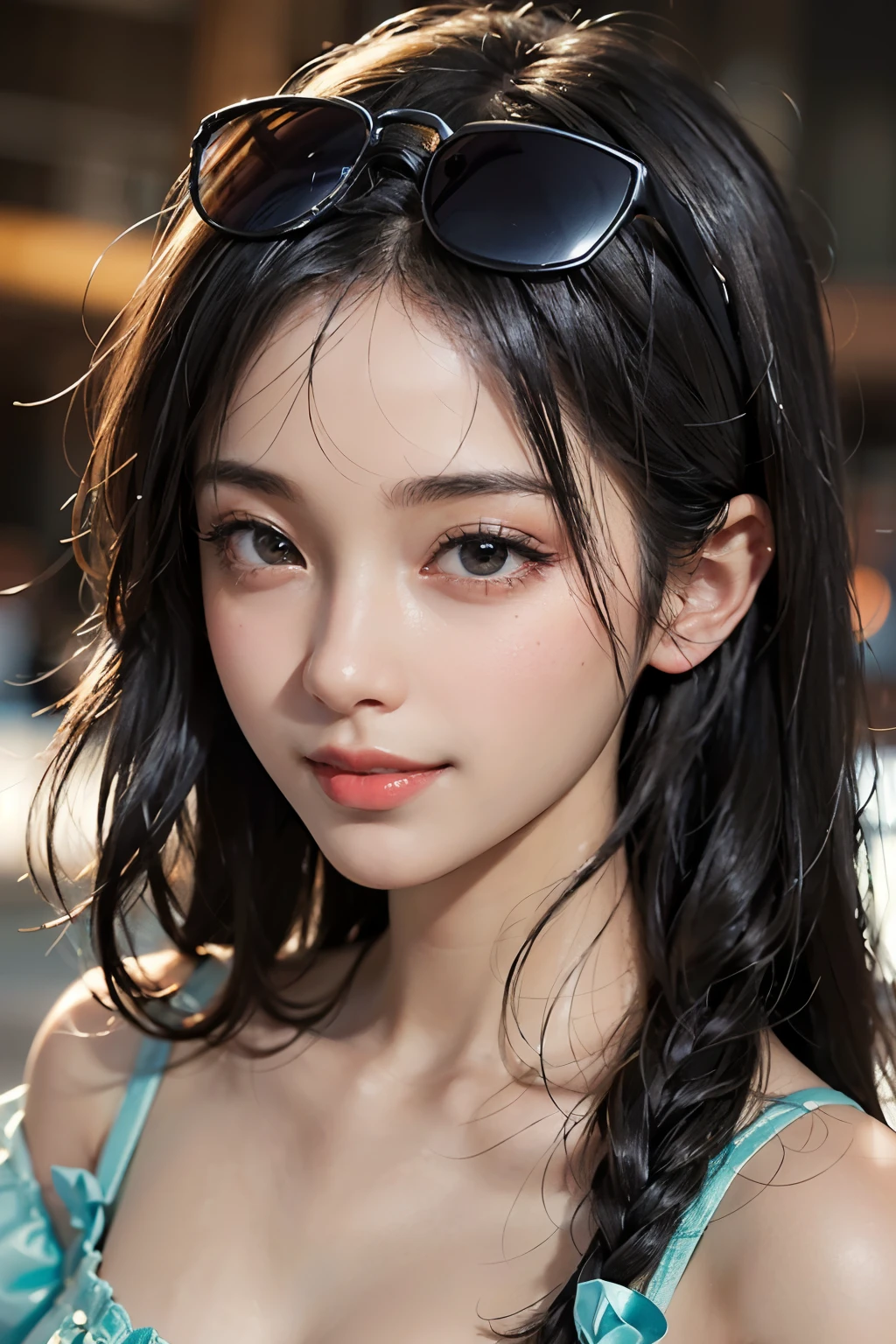 ((masterpiece)), ((best quality)), ((ultra-detailed)),((hyperrealistic)),(japanese cute girl),(shiny skin),1 ladyl,(black hair),long hair,(black eyes,tareme,droopy eyes),(small breasts,slenderbody),,((black sunglasses on head)), happy smile, 
