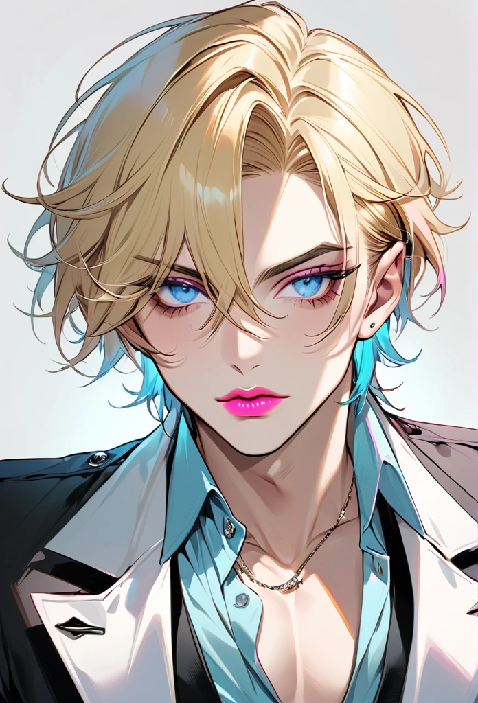 Male, with blond hair, with short hair, with light blue eyee, he is wearing a mafia outfit, he is flat chested like a man, he has pretty pink lips, he has pericings, he is wearing pink eyeshadow.