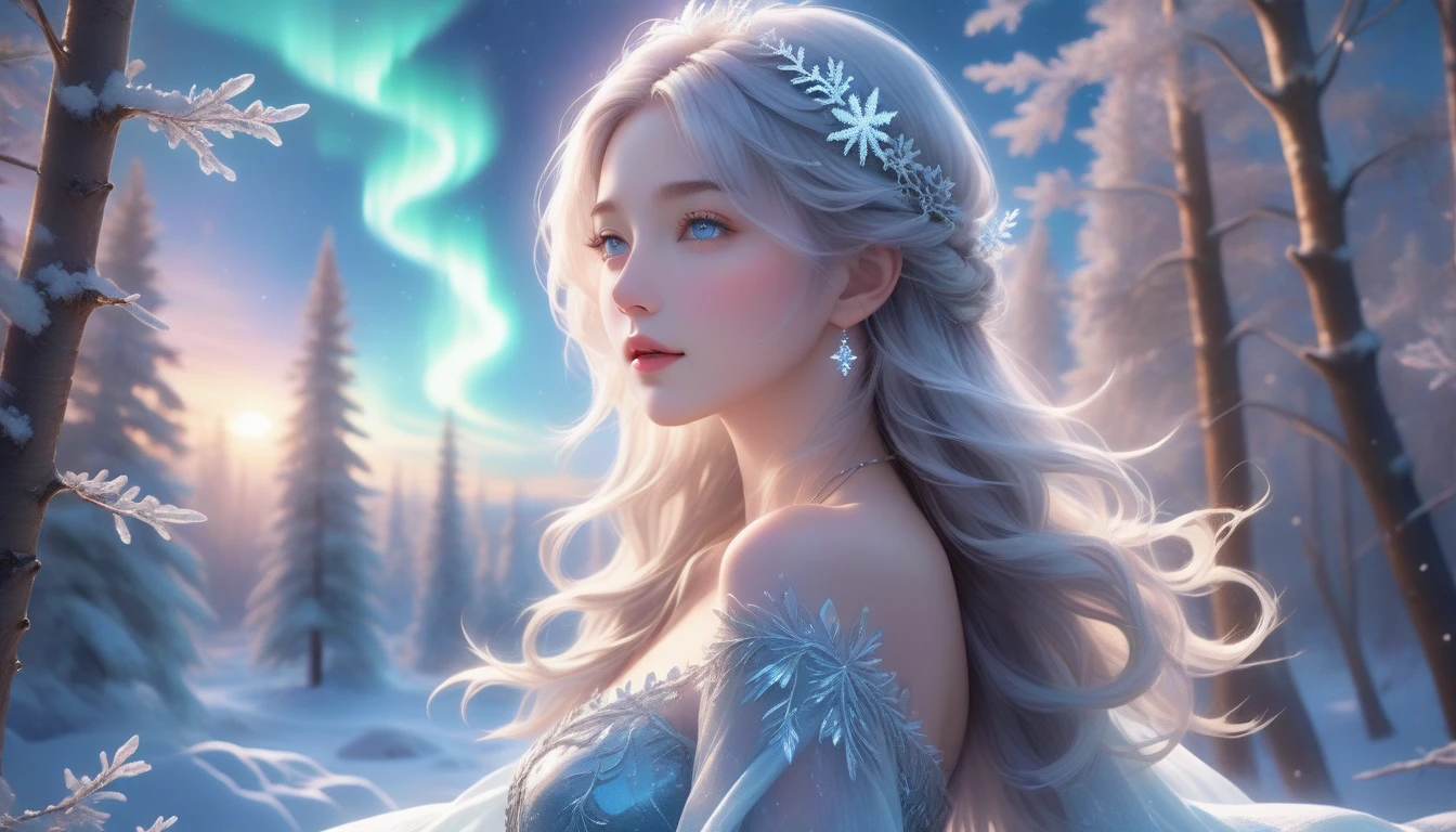 A Masterpiece In 32K Resolution, Supreme Clarity, Hyperreal Detail, Cinematic Artwork, Ultra-High-Resolution 32K Wallpaper, Majestic Lighting, Ethereal Beauty, And Immaculate Precision. The Scene Portrays A Girl Amidst A Serene, Snow-Covered Forest, Soft Flurries Falling Around Her In The Crisp Night Air. She Accentuating Her Full Bosom, With Glistening Jewelry That Dances With Her Every Shift. Her Skin Shimmers Like Frosted Glass, Radiating A Subtle Glow Against The Moonlit Snow. Her Wild, Wind-Swept Silver Hair Cascades Over Her Shoulders, Blending Effortlessly With The Pale, Icy Landscape. Glistening Crystals Of Snow Catch In Her Hair, Reflecting The Cool Light Of A Winter Night. She Is Draped In A Flowing, Ethereal Gown That Glows Softly Under The Majestic Northern Lights, Which Dance Across The Sky. Her Piercing, Ocean-Blue Eyes Stand Out Strikingly Against The Pale Environment, With An Intense, Soulful Gaze That Draws The Viewer In. Her Jewelry, Embellished With Frosted Gems, Glimmers As She Moves Gracefully Through The Snow-Laden Forest. The Cinematic Lighting Highlights The Depth And Immensity Of The Snow-Covered Scene, While Her Mystical Aura Exudes Grace And Elegance. The Hyper-Realistic Detail Captures Her Serene Yet Powerful Presence, Surrounded By The Whispering Silence Of The Winter Landscape, With Each Snowflake Illuminated In The Crisp Air Around Her.