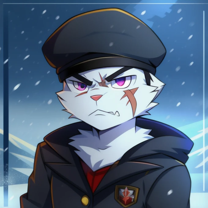 <lora:russia-10 (9):1>1boy, ?, belt, blue eyes, choker, coat, colored skin, fur trim, hood, jacket, jitome, mask, rain, shirt, short hair, signature, simple background, solo, star (symbol), striped, upper body, white hair