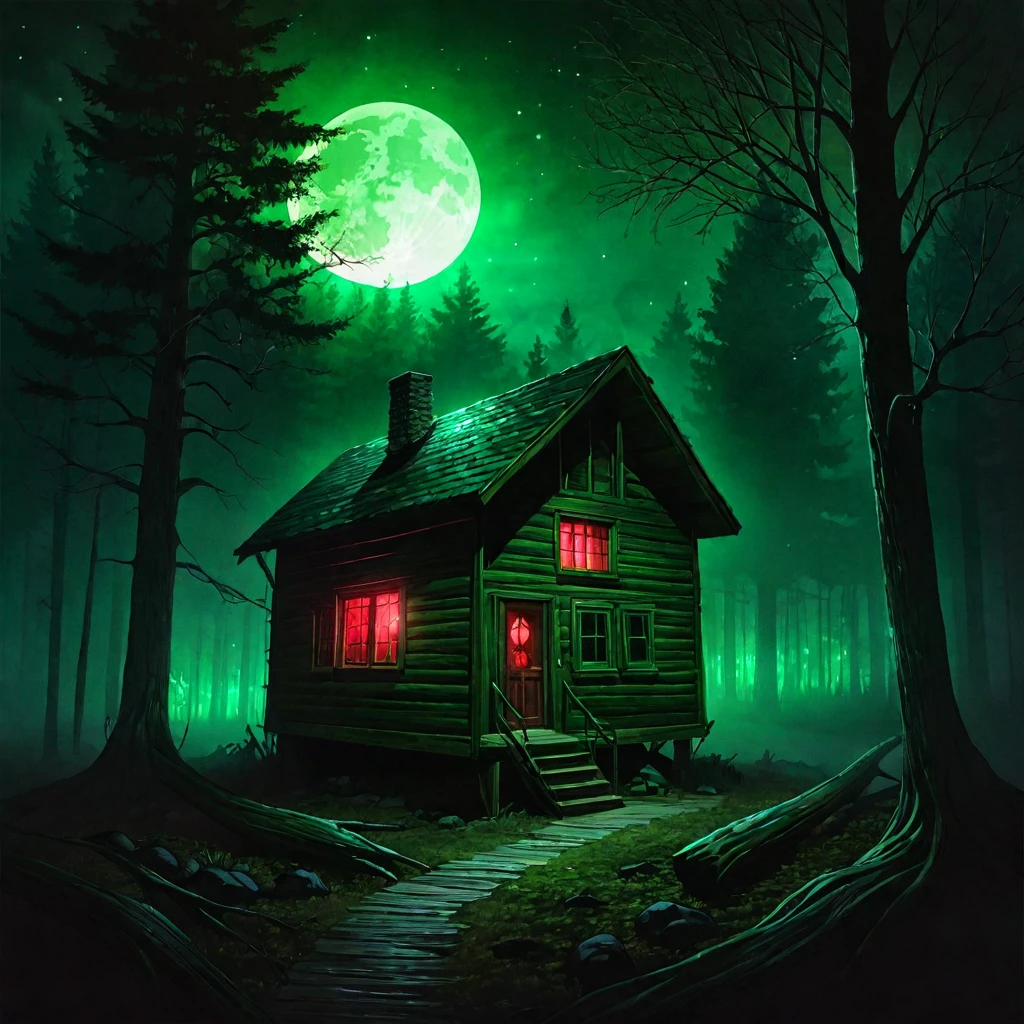 Cabin in dark woods, creepy foggy forest, blood moon in sky, cabin windows glowing green light, 