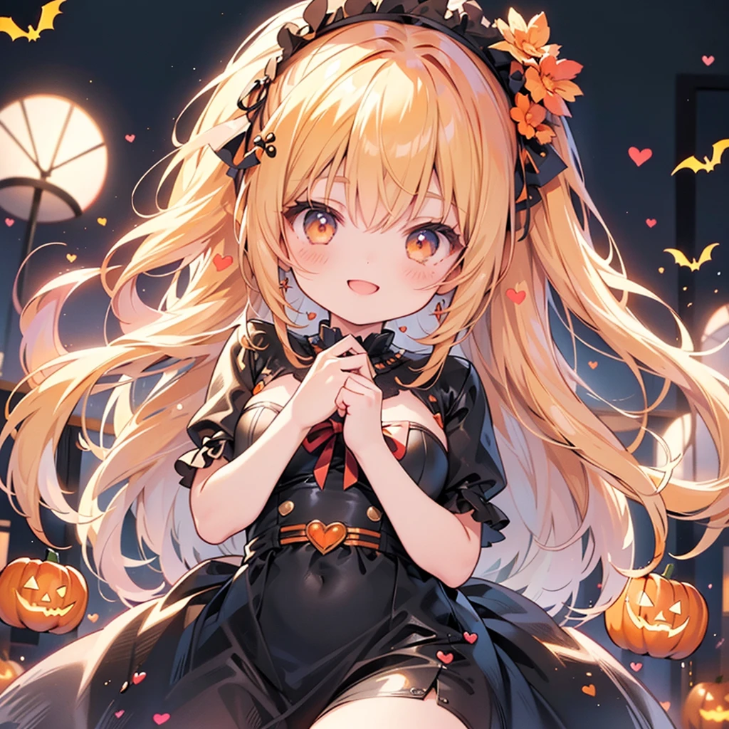 One girl、Perfect Anatomy、(((Super fine、Best Quality、masterpiece)))、Original cute hairstyle、Trick or Treat、Orange and original cute costume、Halloween、Orange and black palette、Happy smile、Heart-shaped picture frame、