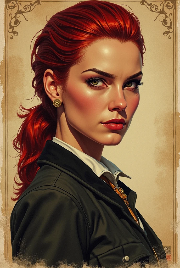 Cigarette card of female sheriff from Red Dead Redemption 2, red slicked back hair, detailed portrait, vintage illustration, high-res, realistic colors, intricate drawing, aged paper texture, vibrant colors, dramatic lighting