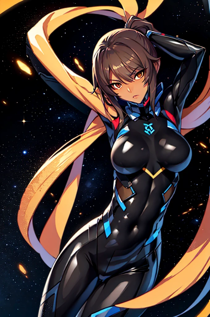 1girl, slender body, slim, extremely long ponytail, (dark brown hair), brown eyes, light brown skin, ((ochre and black latex bodysuit)), (black armor), ((extremely glossy)), cyberwear, space background, starship interior
