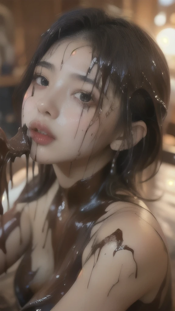 Asian teenager, portrait photo, beautiful details, detailed eyes, detailed face, intricate details, extreme realism, 8k, HD, mascara, winged eyeliner, lipstick, white dress, cleavage, chocolate, chocolate syrup on chest, chocolate syrup on hair, blood on face, guro 