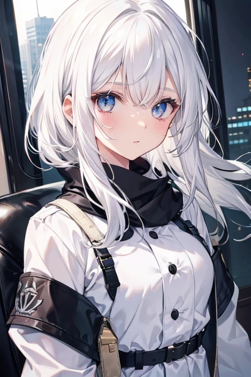 deep in the night、Rooftop of an urban building、Sniper Woman、White hair with light pink mesh、blue eyes、Black long coat、White T-shirt、a black skirt、Cool face、Sapphire Necklace、cool lady