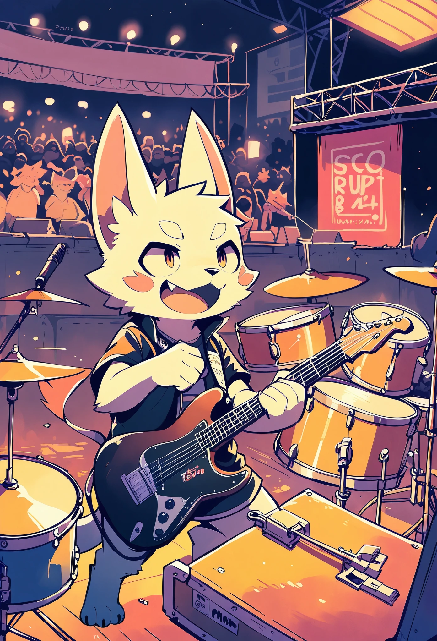 rating_safe, score_9, score_8_up, score_7_up, score_6_up, score_5_up, score_4_up, source_furry, highres, cover page, Rock Band Concerts, Musical instrument performance, Stage Performance, hot air, absurdres(kemono, 1boy, furry anthro)dramatic, epic, One scene of movie,