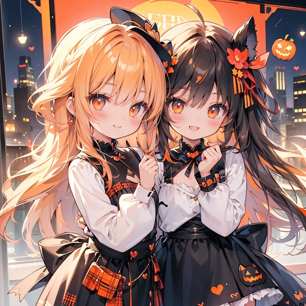 One girl、Perfect Anatomy、(((Super fine、Best Quality、masterpiece)))、Original cute hairstyle、Trick or Treat、Orange and original cute costume、Halloween、Orange and black palette、Happy smile、Heart-shaped picture frame、