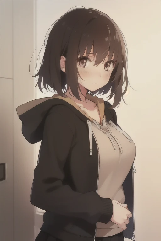 masterpiece, Best Quality, Absurd, Izuka_Minors, One girl, Brown eyes, Hair between the eyes, Black Hair, Medium Hair, Short Twin Tails, bangs, Hair Intake, Large Breasts, high school student, hoodie, jacket, black jacket, Black Skirt, Viewers looking at ,