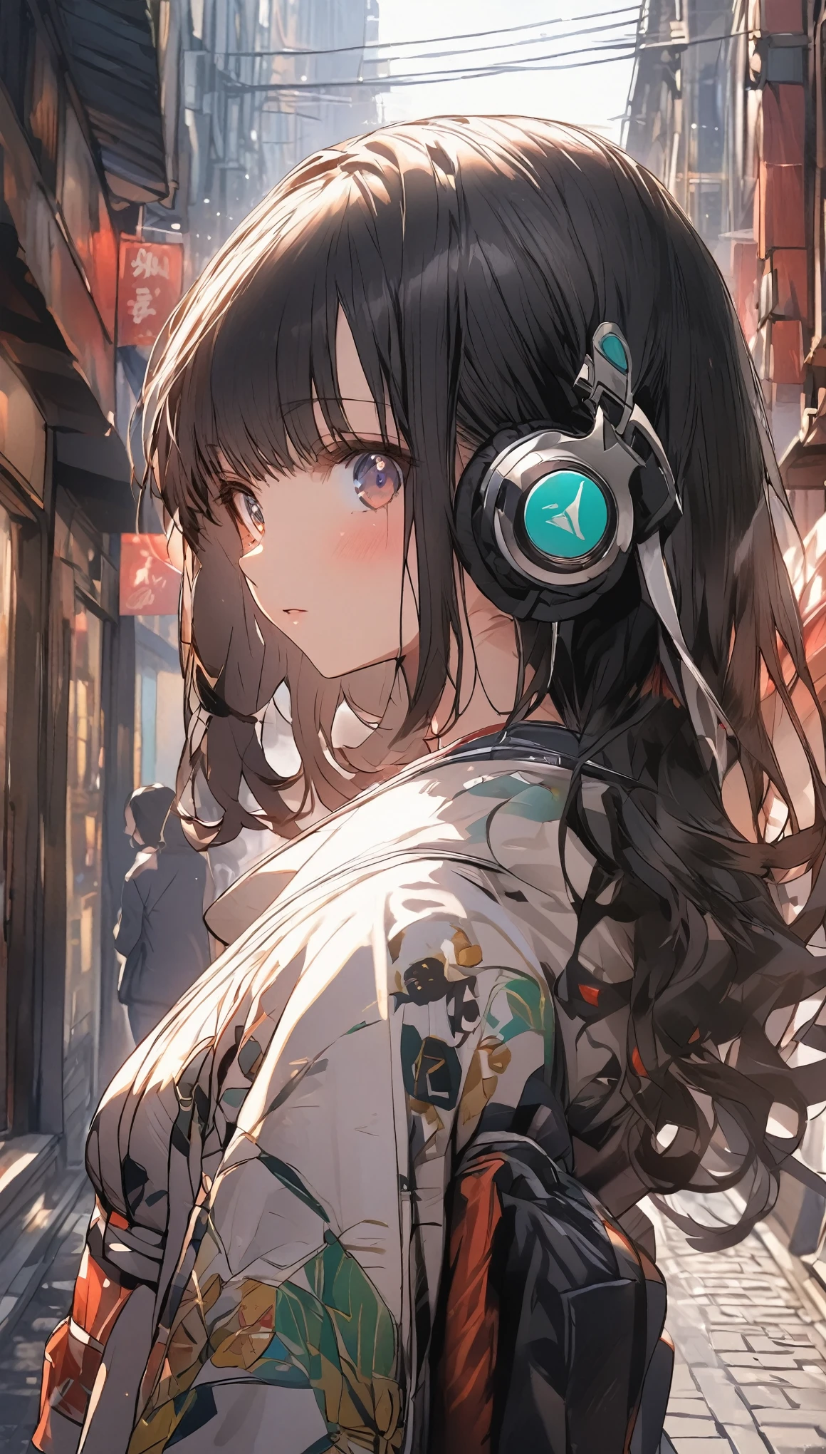 A girl with short black hair wearing headphones walking down the street、Side view of the street、A side view of the girl positioned to the right、Looking at the camera、