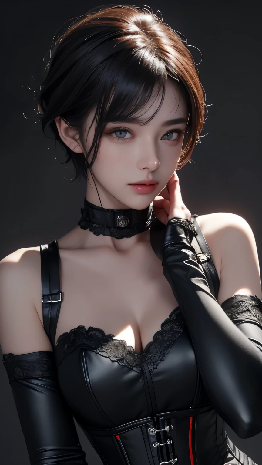 masterpiece, Highest quality, Very detailed, To the camera, Very detailed, Realistic, Sharp features, Very detailed, Sharp focus, Perfect Face, Perfect Face, Perfect symmetry and perfect eyes, Perfect Plump Lips, Flexible female form, cinematic, Film Light, Very detailedな, hyper Realistic, masterpiece, Atmospheric, High resolution, Vibrant, Dynamic Studio Lighting, ((Dark Background)), The facial expression when feeling happy, handcuffs, BDSM, slave, Rubber, Red Corset, (赤いfirst round), ((Highest quality, 8k, masterpiece: 1.3)), Sharp focus: 1.2, Beautiful woman with perfect figure: 1.4, Slim abs: 1.2, Wet body: 1.5, Very detailed face and skin texture, Detailed eyes, double eyelid, Very short hair,((SMs. M)),((Ms. M)),handcuffs,first round,Red and black outfit