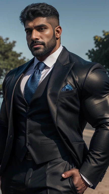 A indian latino beared muscular daddy man outdoor in formal suit, Dynamic angle, sunnyday, (best quality, A high resolution, photorealistic), Cinematic lighting, master part, Foto RAW, intricate details, HDR, depth of field, upper body shot, dadbody, hairy(stocky), beefy masterpiece , hd, hdr, D750F nikon camera photography, sharpness, detailed picture, masterpiece 