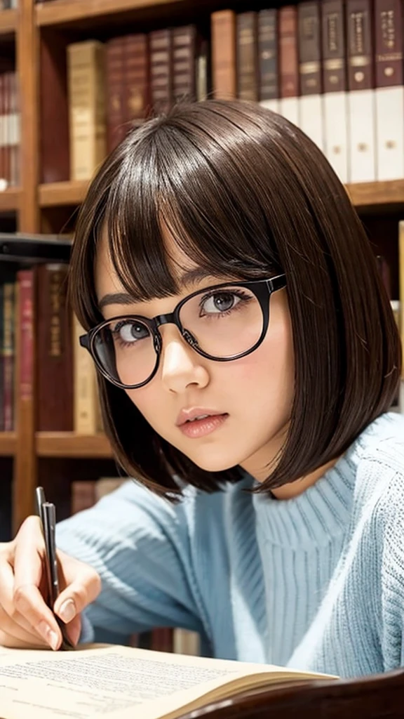 Highest quality、Realistic、、Japanese、zoom、cute、classroom、Grey Eyes、Light brown hair、Bob Hair、Off-white blazer、White blouse、ribbon、Blue Check Pleated Skirt、Face close-up、thin、Small breasts、Pouting、freckles、Glasses、head band