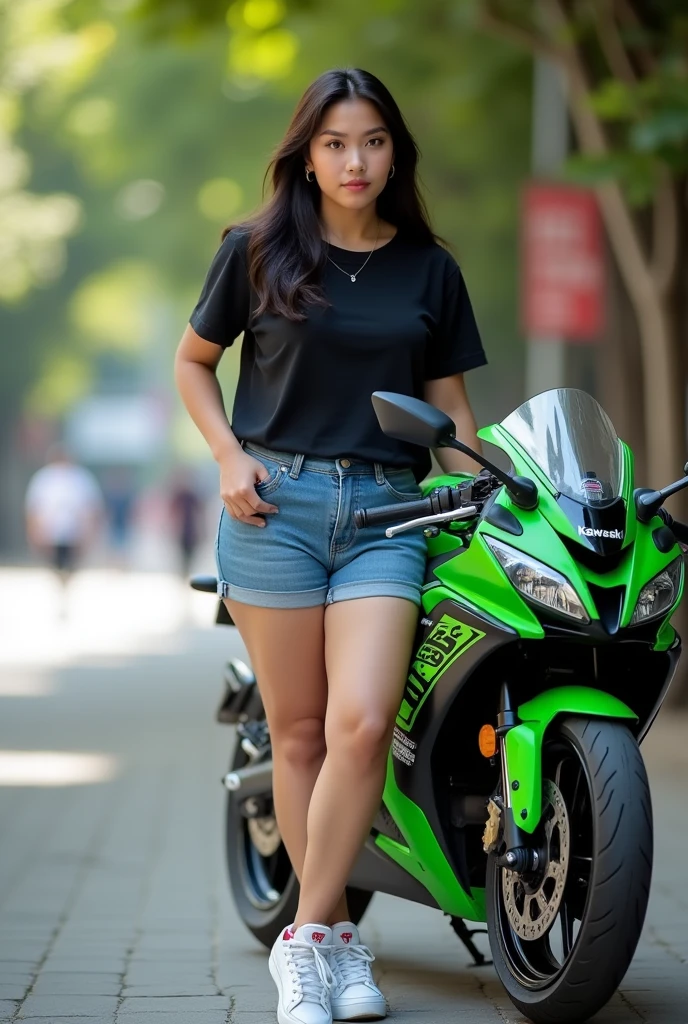 Highest image quality, outstanding details, ultra-high resolution, (realism: 1.4), the best illustration, favor details, highly condensed 1 malay girl, malay face, ((mira filzah face)), with a delicate and beautiful face, dressed in a black and green bikini , wearing a hijab, holding a directional controller, riding on a motorcycle, the background is a high-tech lighting scene of the future city.