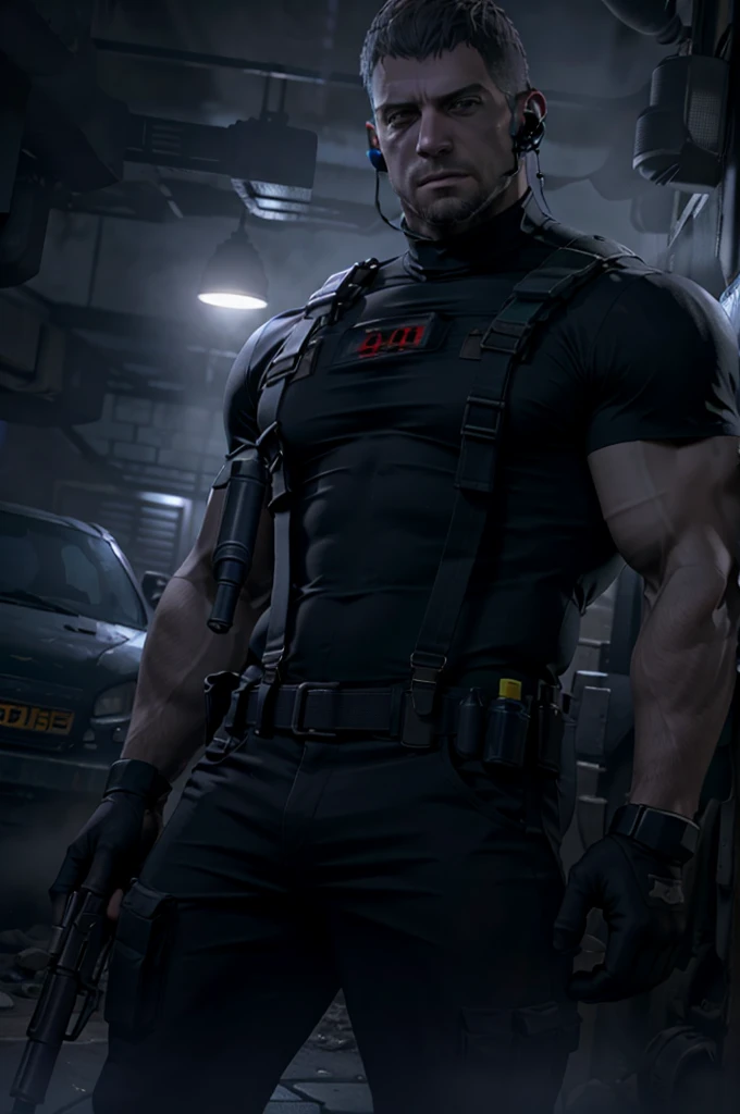 Dark gothic village in the background, old Chris Redfield from Resident Evil 8, 48, old, muscular male, tall and hunk, biceps, abs, chest, black cold turtleneck, black trousers, suspenders, earpiece, belt, thick beard, holding an assault rifle, deadpan face, video games style, high resolution:1.2, best quality, masterpiece, dark nightime, dark atmosphere, volumetric lighting, shadow, upper body shot