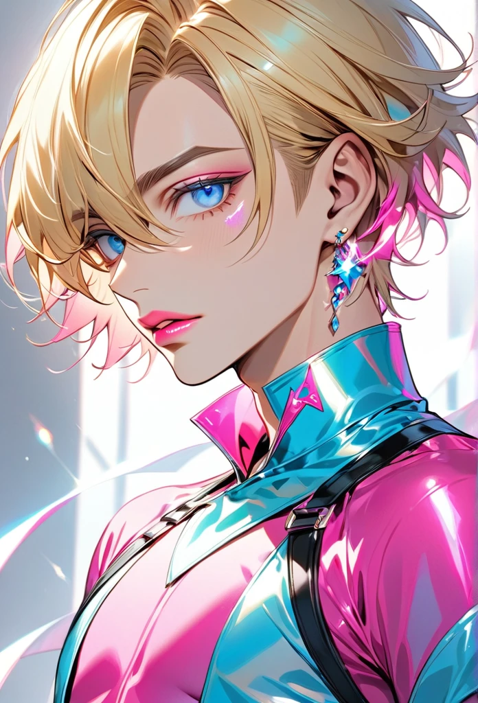 Male, with blond hair, with short hair, with light blue eyee, he is wearing a sexy outfit, he is flat chested like a man, he has pretty pink lips, he has pericings, he is wearing pink eyeshadow.