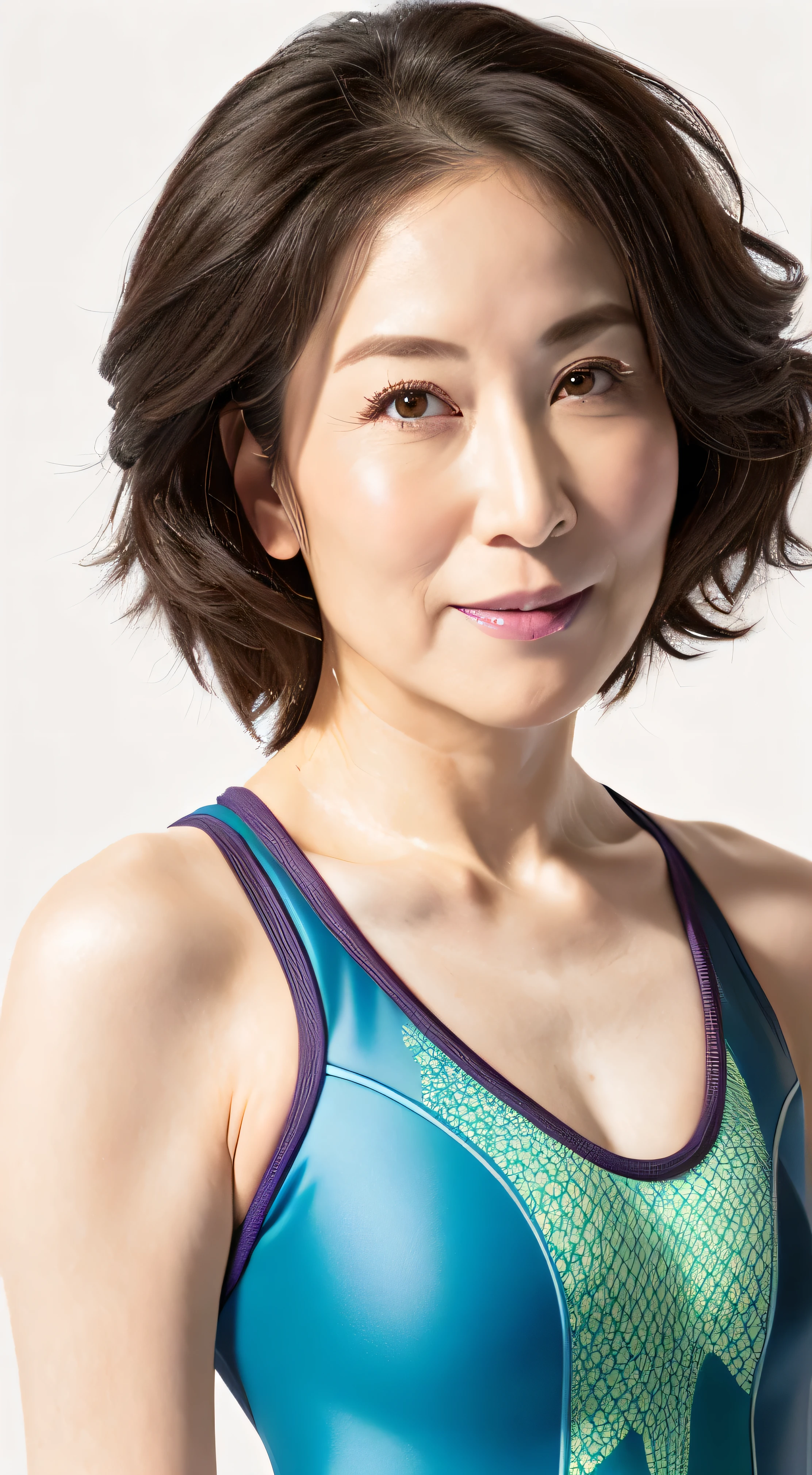 Racing swimsuit with a very thin fit and bright neon colors smile beautiful mature woman show your armpits detailed skin texture very short hair detailed beautiful face obesity