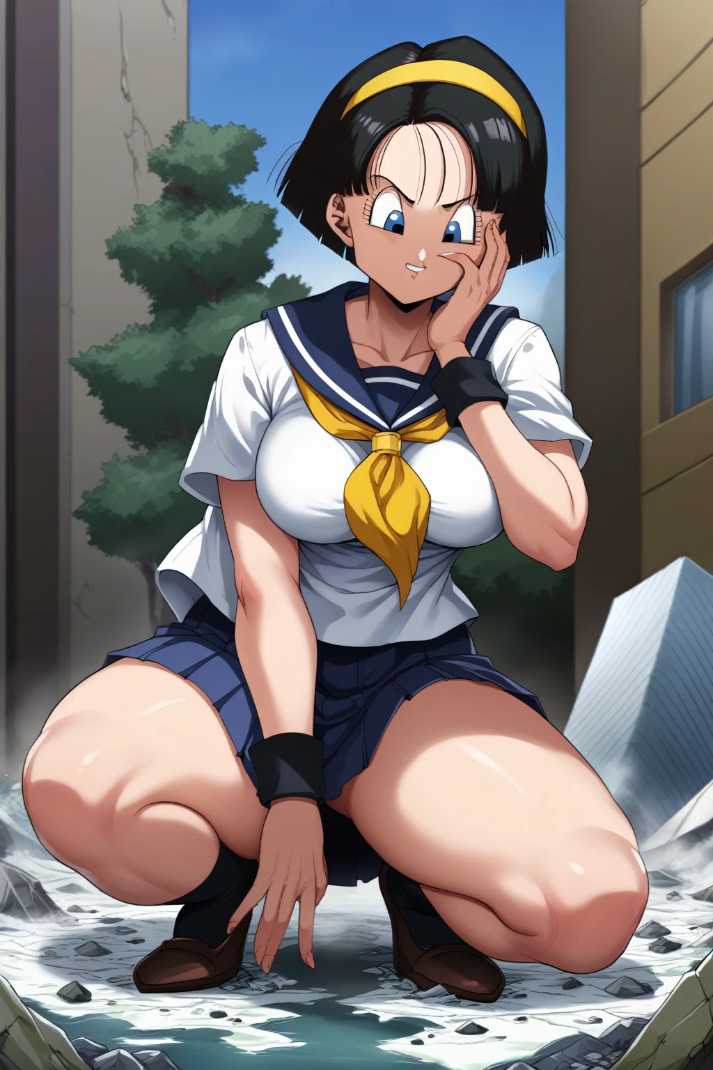 score_9, score_8_up, score_7_up, source_cartoon, 

masterpiece, best quality, 8K, ultra-detailed, detailed face, detailed eyes, retro anime style, front view, dynamic effect, dynamic shot, 

athletic curvy physique, inverted body type, attractive feminine curves, big breasts, curvy legs and arms, feminine curvy figure, (thick thighs, thick calves, thick voluptuous legs, big curvy hip, bare knees), ((style of plump voluptuous body)), 

navy over-the-calf socks, navy pleated mini skirt, white sailor uniform, white short-sleeved sailor shirt, high socks, 


1 beautiful giant woman, looking down with alluring face, (squatting, crouching, put one hand on cheek, poking V-sign with another hand, size difference), rampage, corrupted city, destroyed buildings, corrupted buildings, rolling rubble dust up, her foot crushing mini people on the ground, crushed mini people under her foot, scattered rubble around her feet, towering, overwhelming, terrible, stepping, footprints, destruction, ruins, looming,  

GTS, giantess, jvdaniang, giga size, idel, dragon ball super, bob cut, short hair, blue eyes, bangs, 