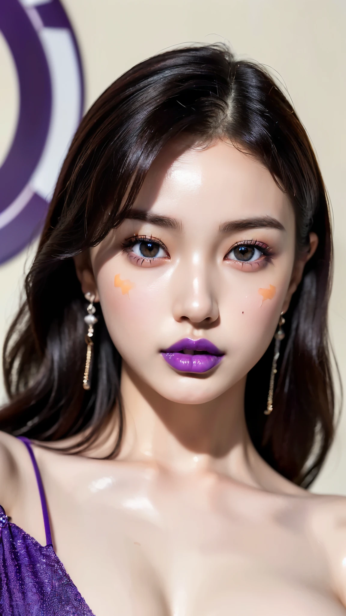 (UHigh resolution, retina, masterpiece, Accurate, Anatomically correct, Textured skin, Super Detail, Attention to detail, high quality, 最high quality, High resolution, 1080P, High resolution, 4K, 8k, 16k), (美しいAttention to detail目, Beautiful lip detail, Highly detailed eyes and face), Soft lighting, Physically Based Rendering, Vibrant colors,((((最high quality、masterpiece, 高精細CG8kイラスト, Graffiti art,Highly detailed lights and shadows, wall, Highly detailed face and eyes,masterpiece, 最high quality, Alone, One girl, Glowing Skin, Earrings, Splendid, Whimsical details, Purple lips, Fascinating, Bare shoulders,,Shallow depth of field, Contrasting, Professional Model, frontを向く、front, Portraiture , Left detailed pupil,Right symmetrical pupil,Wavy Hair))), (Glowing Skin), (Wide-angle),(Alone),  (Urzan-6500:0.33)、Outdoor、(((Full Body Shot,Glossy thighs)))