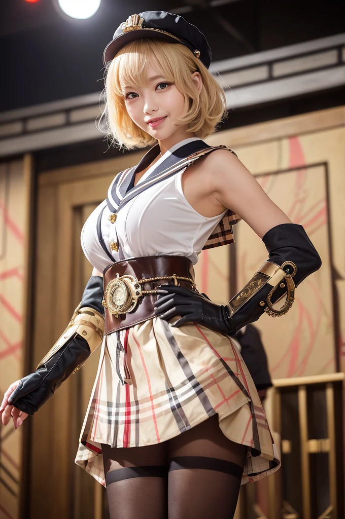 masutepiece, Best Quality, hight resolution, sara, up looking_で_viewer,  asymmetric_hair, interiors,  Sitting, Soft lighting, Blonde_hair, Blue_Eyes, white_Capelet, Black_Shorts, white_thighs thighs thighs thighs, furr_trim, Belt bag, brown_hand armor, Single_hand armor, Leotard_Under_Clothes,A smile