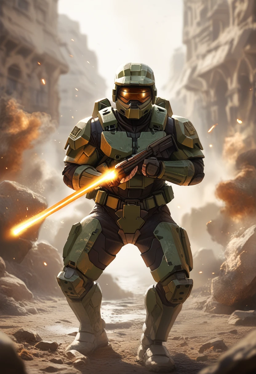 commander Ben, squad leader of task force 141,male spartan 2 super soldier from halo, wearing green mk 6 armour, golden faceplate, the number 141 written in white on the left side of the chestplate double bladed orange lightsabre in hands, battle scean