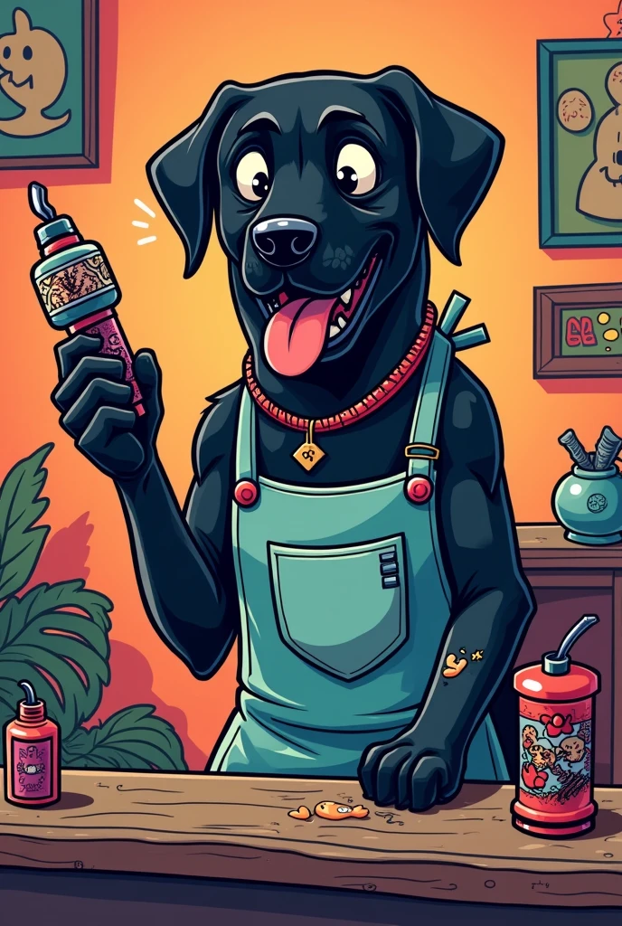 Black Labrador Retriever Tattoo Artist Showing Off Coil Machine Cartoon ...