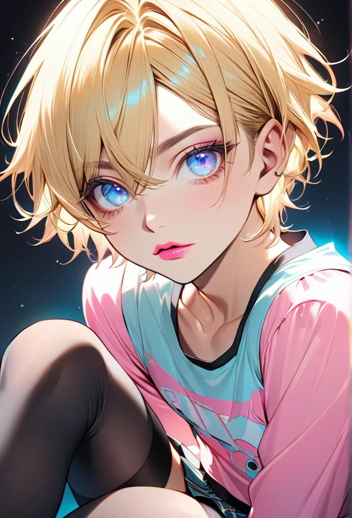 Male, with blond hair, with short hair, with light blue eyee, he is wearing a pink pretty top, with a skirt, with thigh highs, he is flat chested like a man, he has pretty pink lips, he has pericings, he is wearing pink eyeshadow.