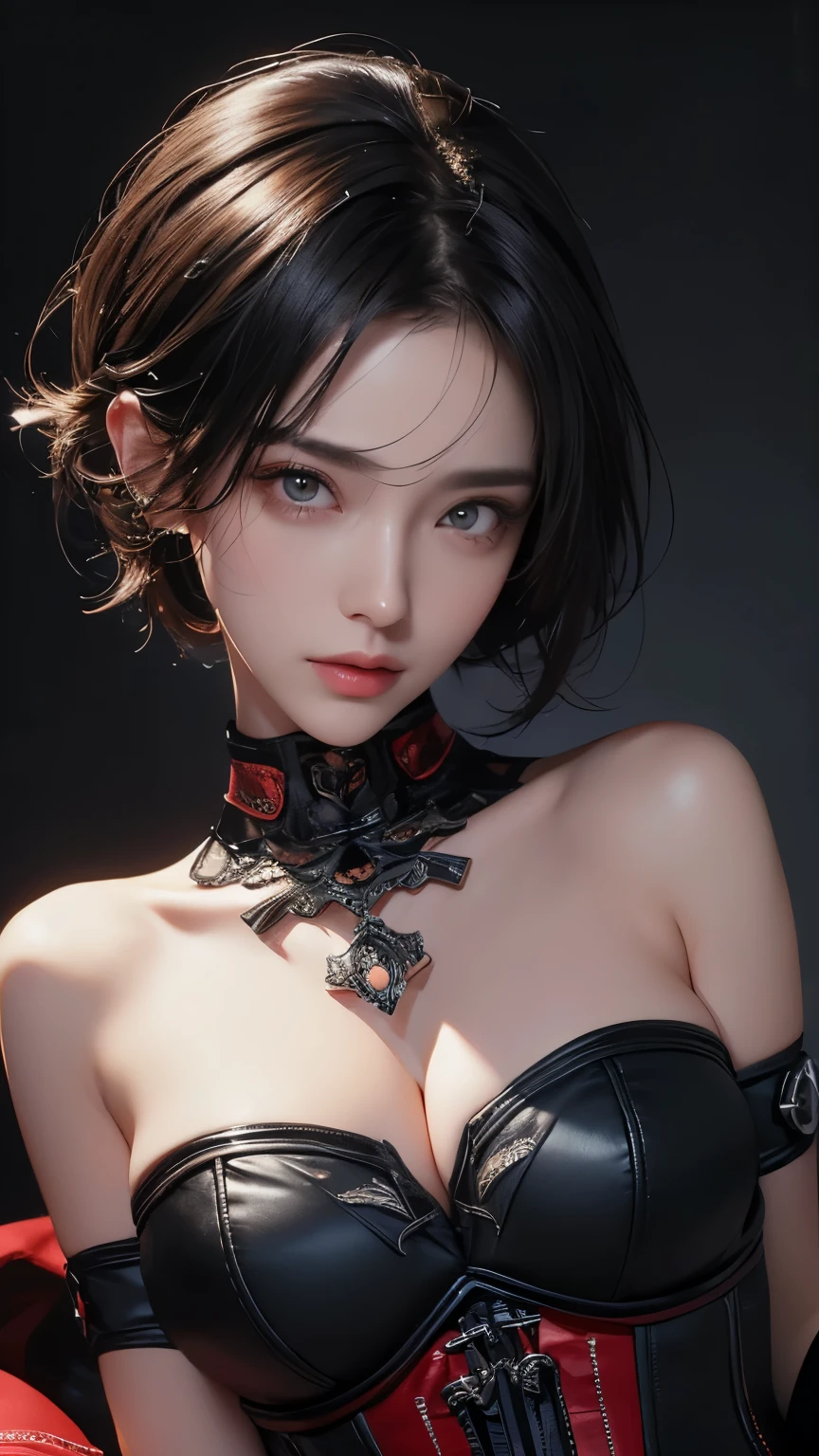 Angry Face, one woman,BDSM,slave,Rubber,Black Corset,Bondage,Collar,NSFW,((Best Quality, 8k, Masterpiece:2))), Crisp Focus: 1.2、(Layer Cut, Big:1.3),Highly Detailed Face and Skin Texture、Detailed Eyes、Double Eyelids,cool beauty,tall woman,short hair,black hair,Precisely expresses details such as face and skin texture,beautiful eye, double eyelid,delicate skin,slender body shape,alone,small breasts,beautiful tattoo