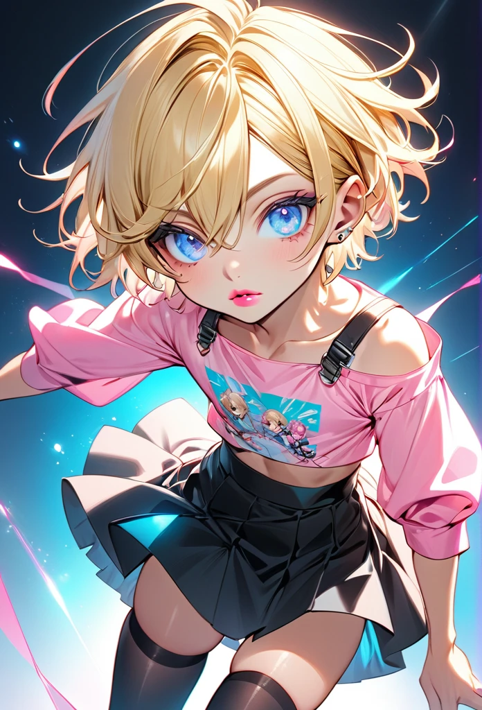 Male, with blond hair, with short hair, with light blue eyee, he is wearing a pink pretty top, with a skirt, with thigh highs, he is flat chested like a man, he has pretty pink lips, he has pericings, he is wearing pink eyeshadow.