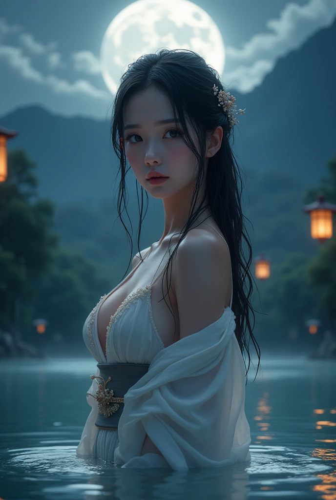 masterpiece, bestquality, highres,photorealistic portrait,8k, 1girl , Black Hair,oily shiny skin, looking at viewer , smile ,breasts ,  waist , navel ,Sweat,Drenched body, (onsen, mountain), detail water,(nighttime, moon light),(white Miko Dress),sexy post ,from below