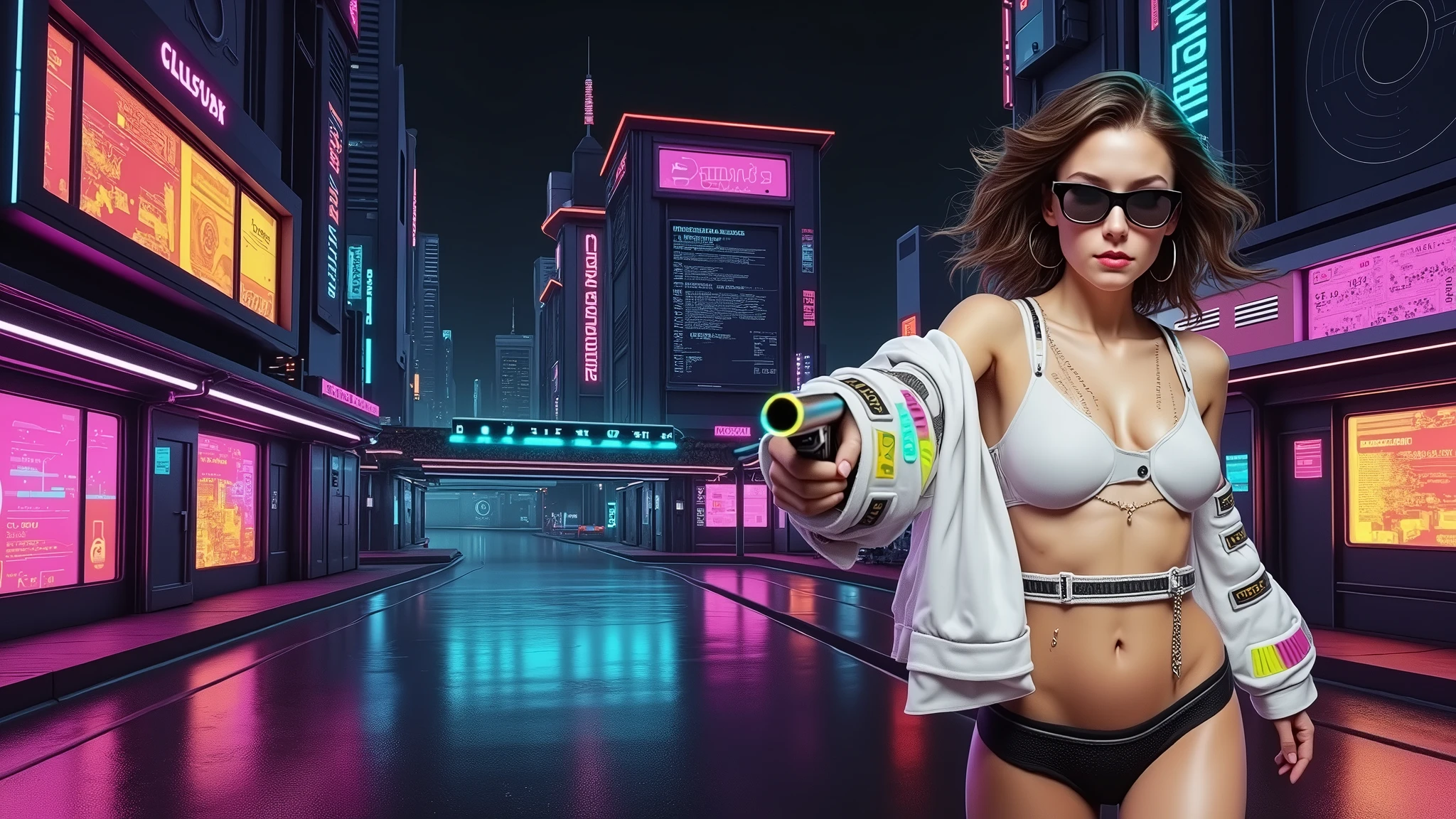 matrix coding, Purple animated cyberpunk background. sexy woman with gun and sunglasses