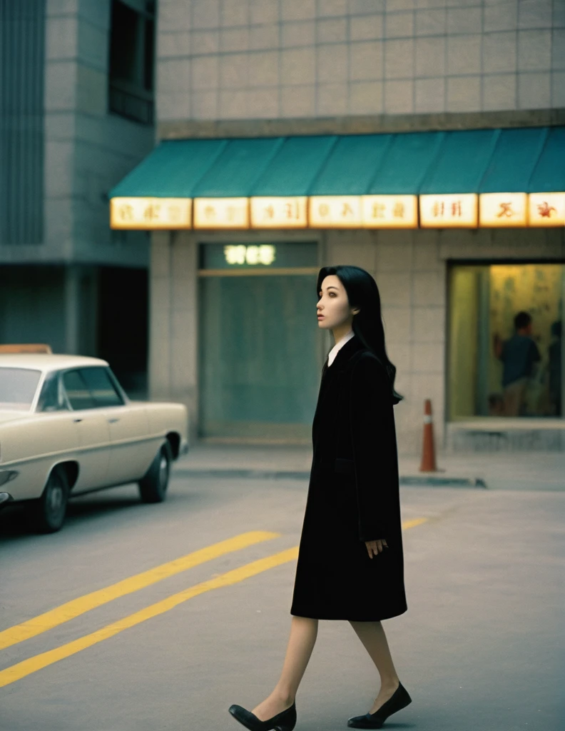 20 year old girl, dressed in black, long wavy black hair, walk around the city, Beautiful marble slab path, barriers, Various traffic signs, semaphore, There are cars, There are people passing by, Many small details, masterpiece, dramatic lighting, Very detailed, high budget, bokeh, cinemascope, melancholy, epic, magnificent, film grain, granulated, masterpiece, best quality, A game of shadows, Maximum details, glow, shines, movie poster, Wong Kar Wai&#39;s film lighting style, in a dark environment,hyperrealism, realism, 