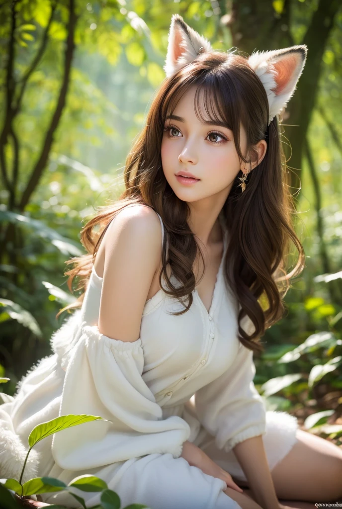 A professional high-quality photo, in 4K resolution, captures in realistic detail a charming girl in a fluffy white pajama with ears and foxtail. She is sitting in the middle of an enchanted forest, where every element is portrayed to perfection. The textures of the pajamas, ears and tail are sharp and palpable. Sunlight falls on the leaves and gently illuminates the girl's face, highlighting each delicate and charming expression --auto --s2